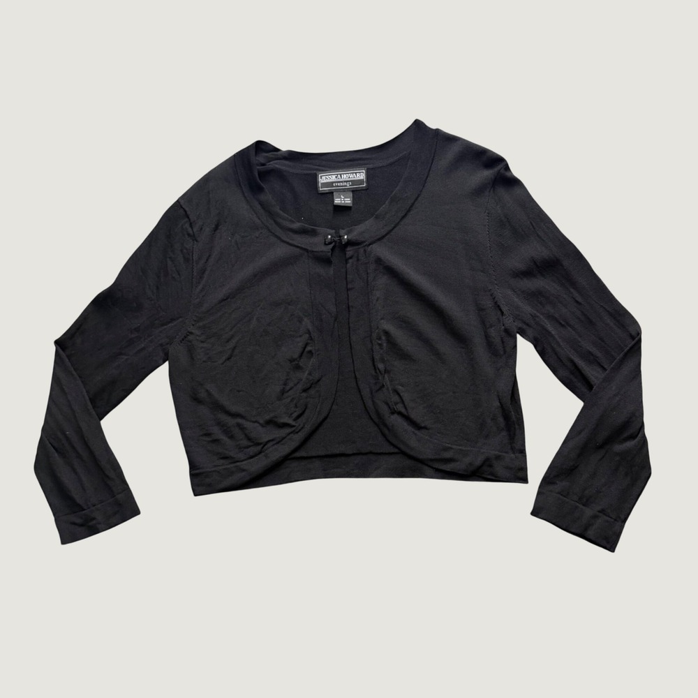 Quiet Luxury Shrug Sweater Large Bolero Viscose Knit Cropped Black Cardigan